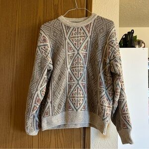 Textured Geometric Knit Sweater in Beige, Rust & Teal